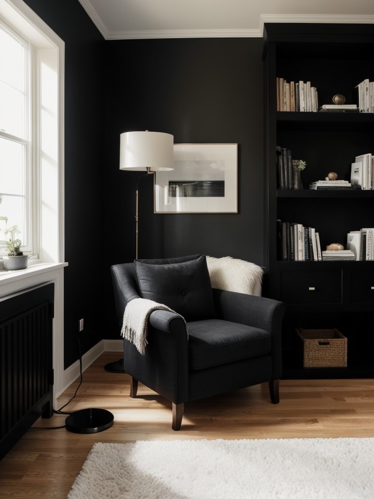 Cozy Apartment Inspiration: Black Bedroom with Reading Nook