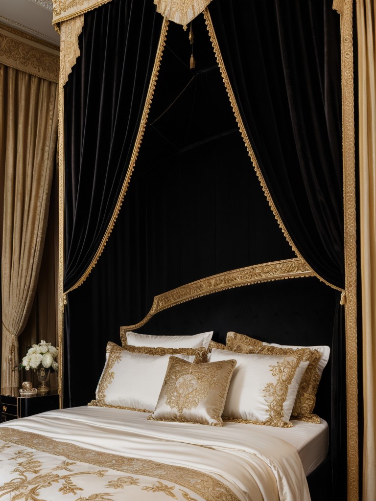 Opulent Black Bedroom: Luxurious Canopy Bed with Velvet Curtains