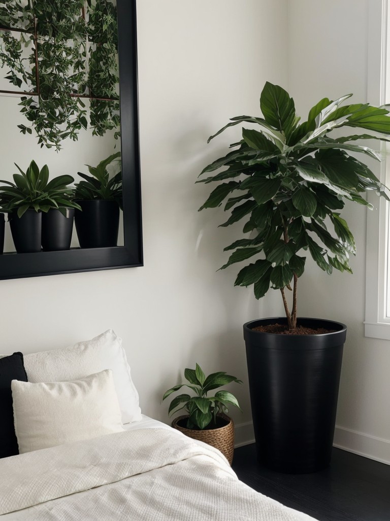 Black Bedroom Bliss: Embrace Nature with Potted Greens!