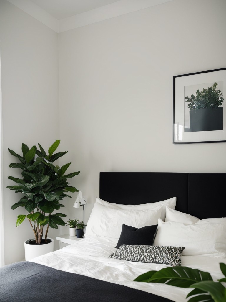 Naturally Sleek: Black Bedroom with Greenery