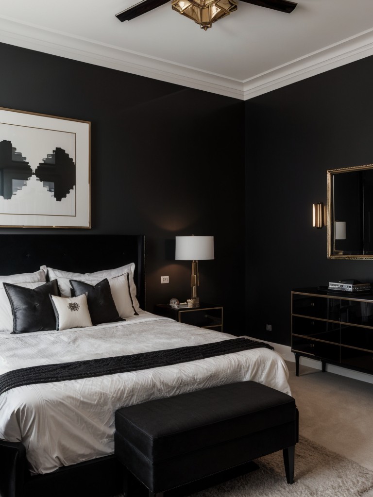 Sleek and Stylish: Black Bedroom Inspo. Art Deco Elegance: Glam Bedroom Inspo