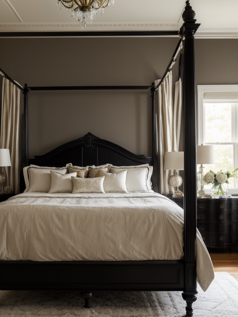 Regal bedroom charm with a four-poster bed and ornate chandelier!