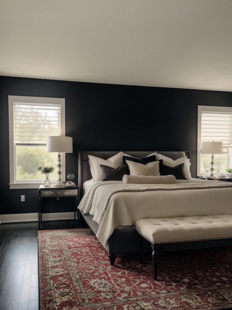 Enchanting Black Bedroom Decor. Elevate your space with a striking statement rug!