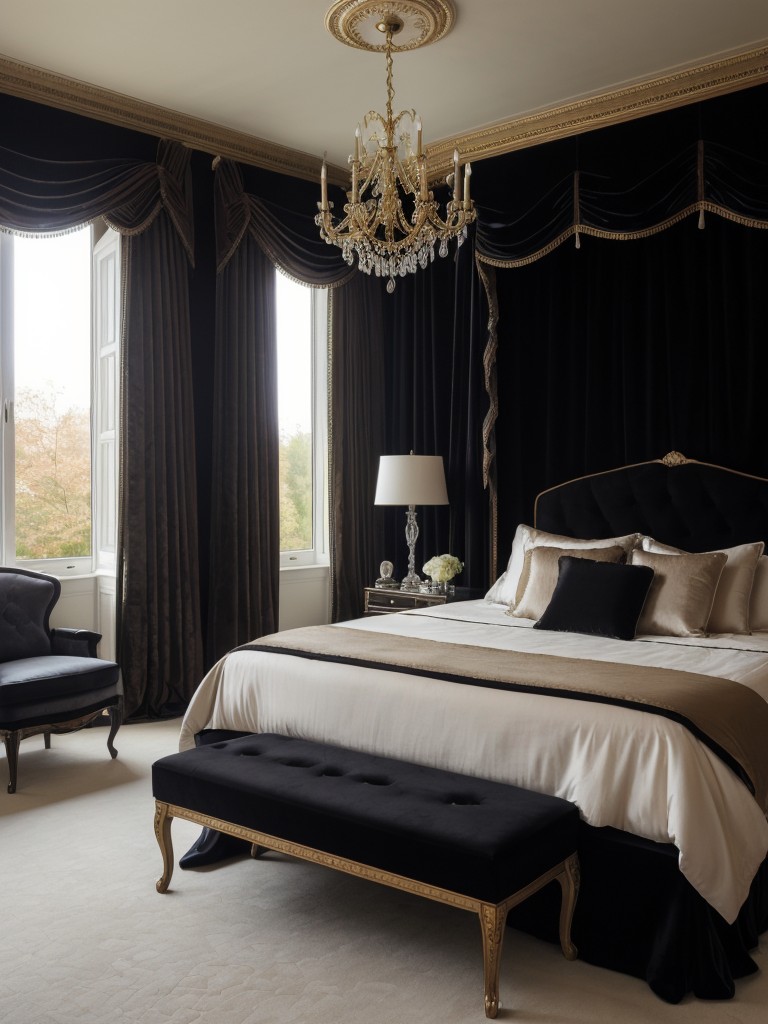 Regal Black Bedroom Decor: Luxurious Curtains & Alluring Vibes