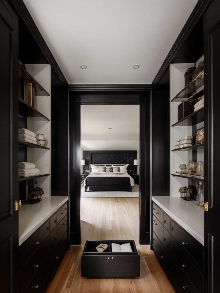 Maximize Storage: Stylish Black Bedroom Decor for an Organized Apartment.