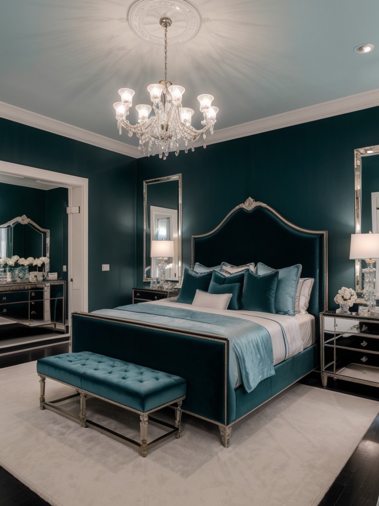 Timeless Teal Apartment: Velvet Bedding, Mirrored Furniture, & Glamour!