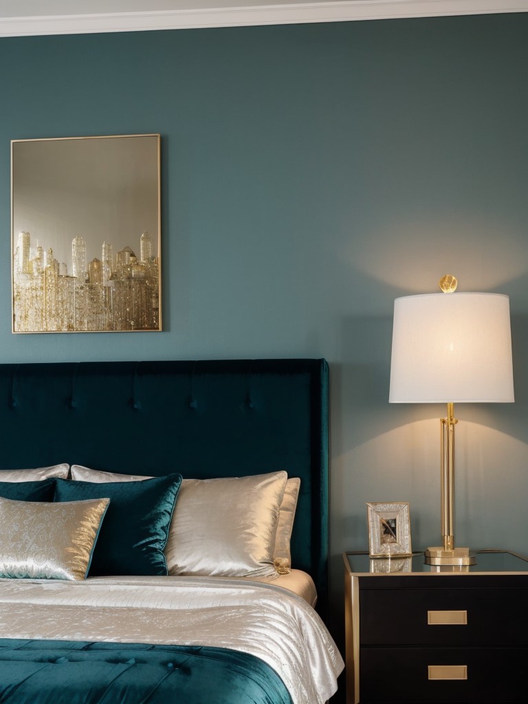 Luxurious Teal Bedroom: Velvet Textures & Metallic Accents