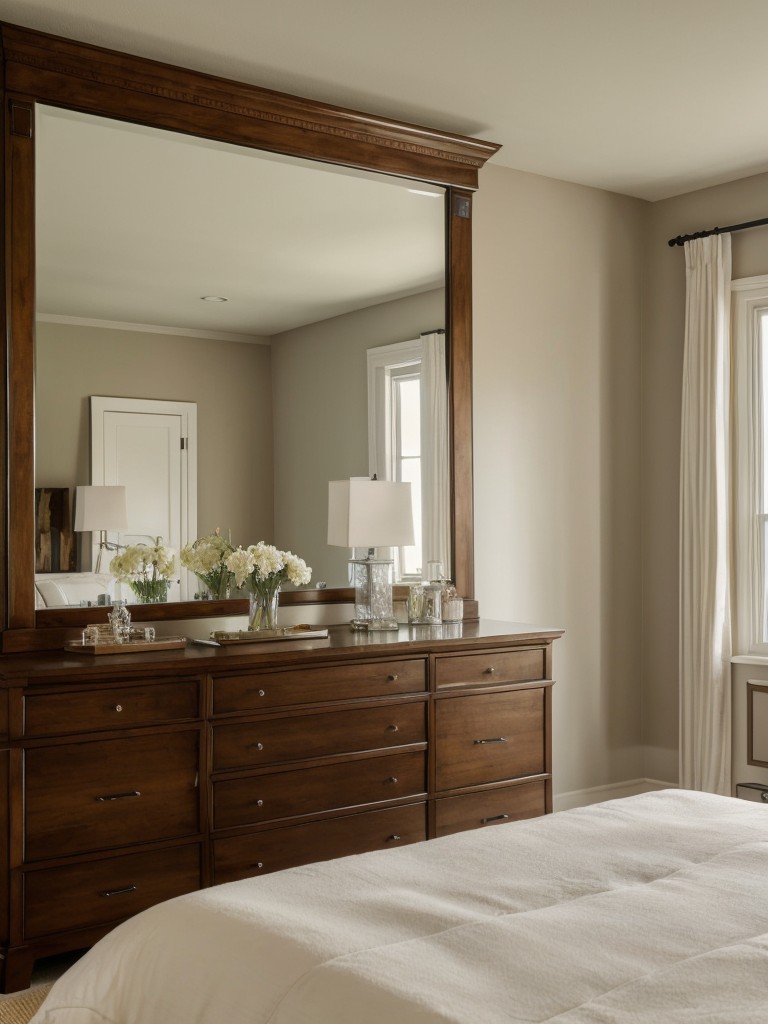 Classic Oasis: Traditional Bedroom Decor with Statement Mirror and Natural Light Reflection.