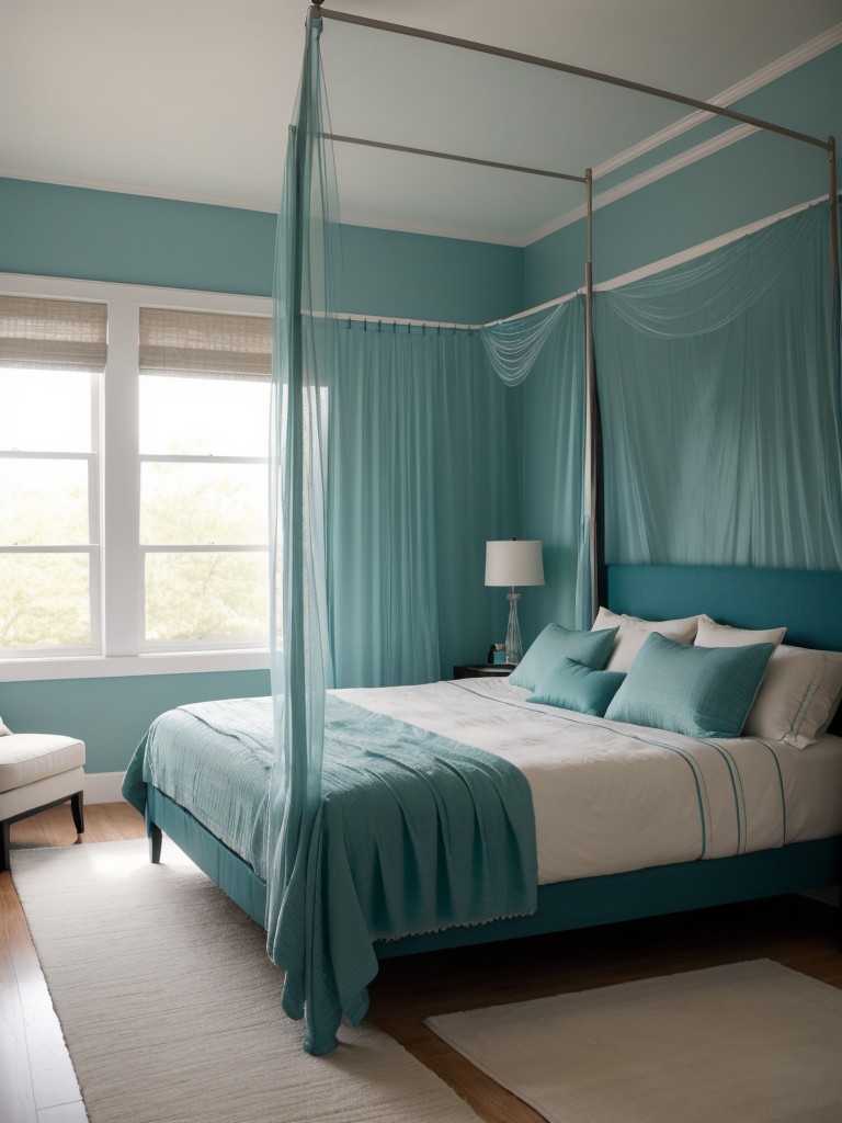 Romantic Teal Bedroom: Create Your Dream Space with Canopy Bed & Soft Lighting