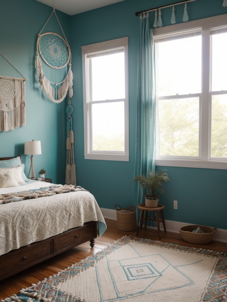 Boho Dream: Teal Bedroom Transformation with Rugs & Bohemian Decor.