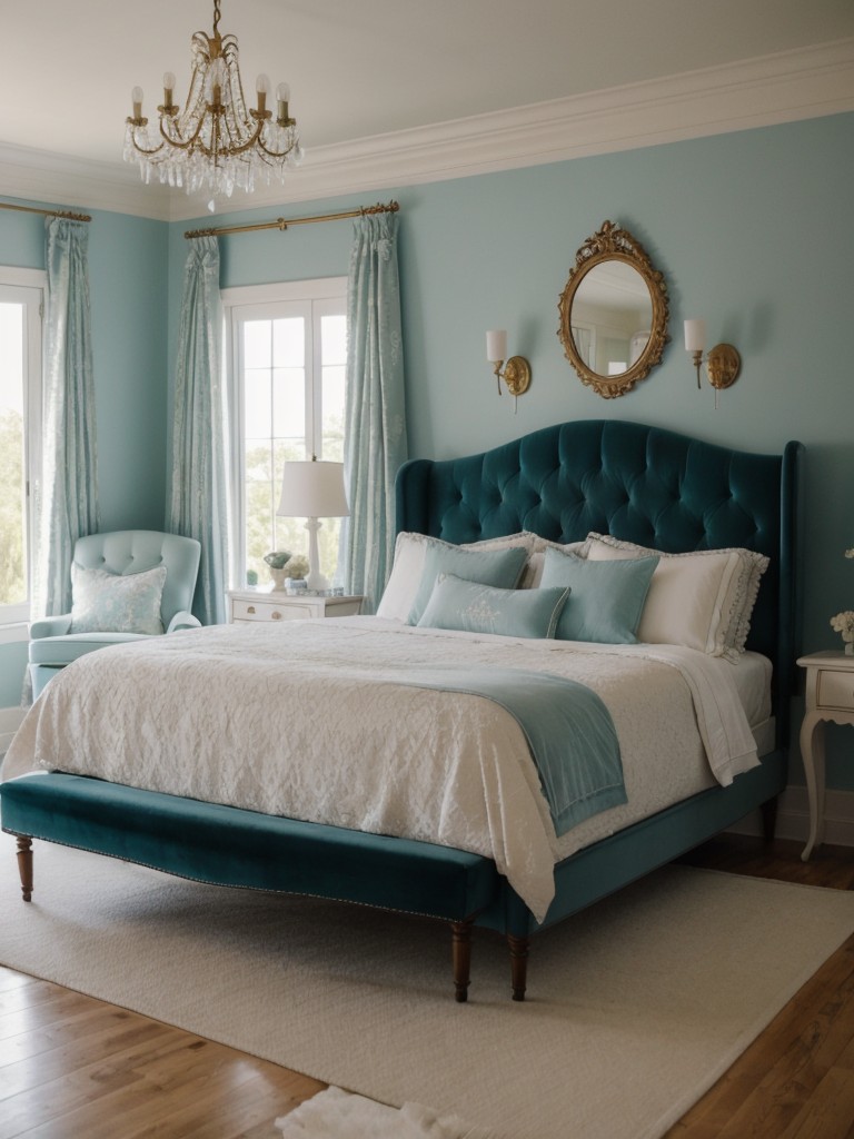 Coastal-inspired teal bedroom: Parisian charm meets vintage elegance!