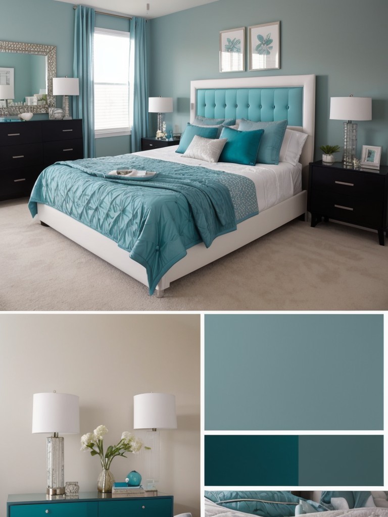 Create a Modern Teal Bedroom with Stylish Furniture and Metallic Accents!