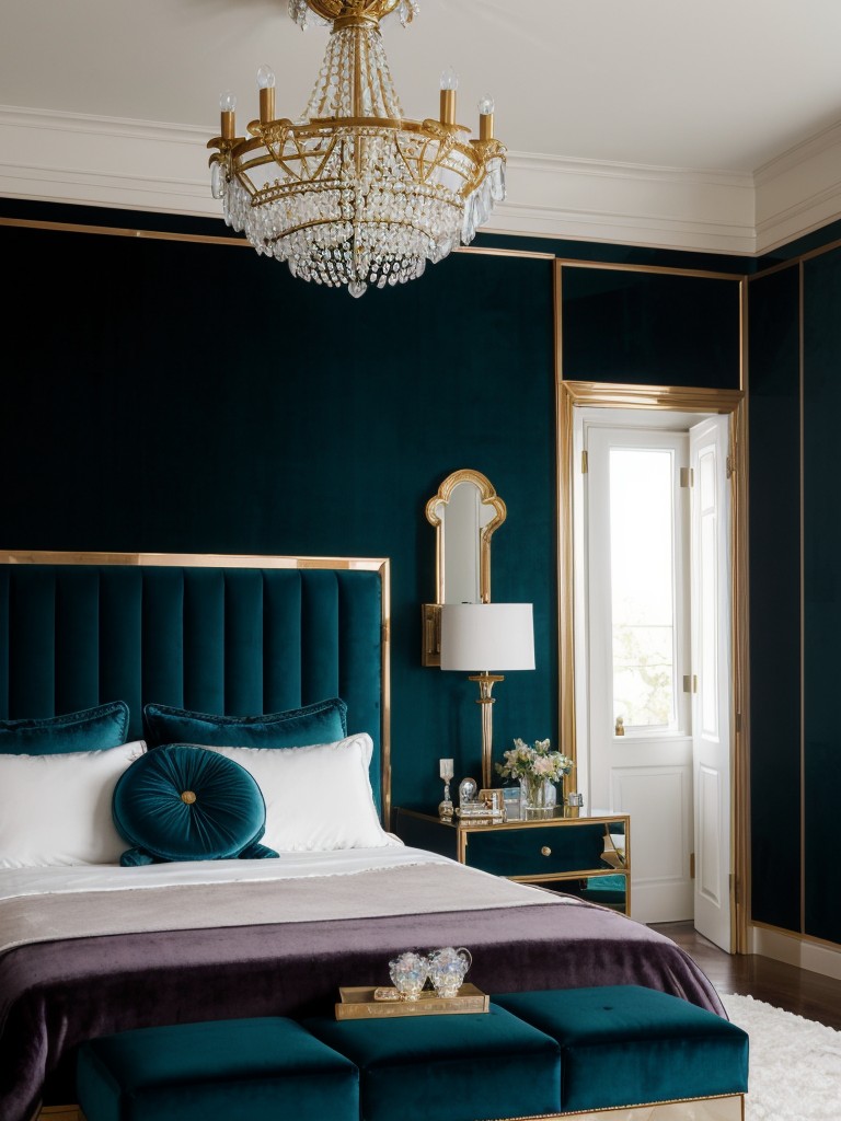 Luxury Teal Bedroom: Elegant Velvet Headboard & Opulent Decor