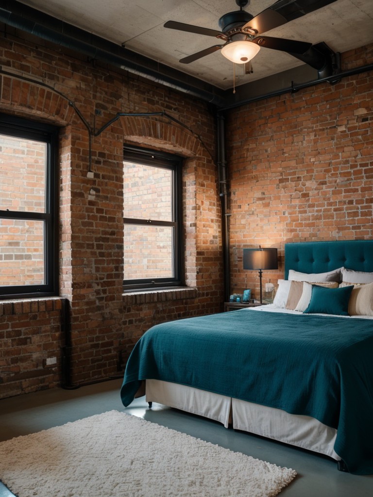 Teal Bedroom with Industrial Vibes: Exposed Brick & Metal Accents