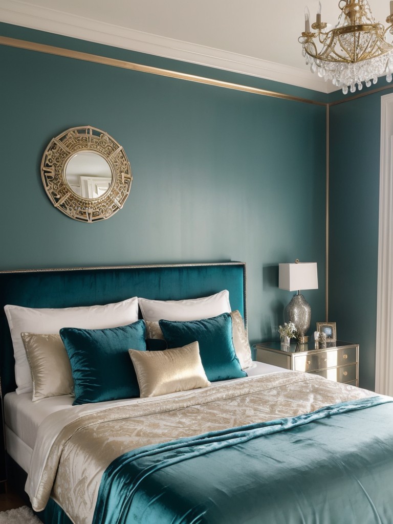 Glam Up Your Bedroom: Luxurious Teal Bedding with Metallic Accents.