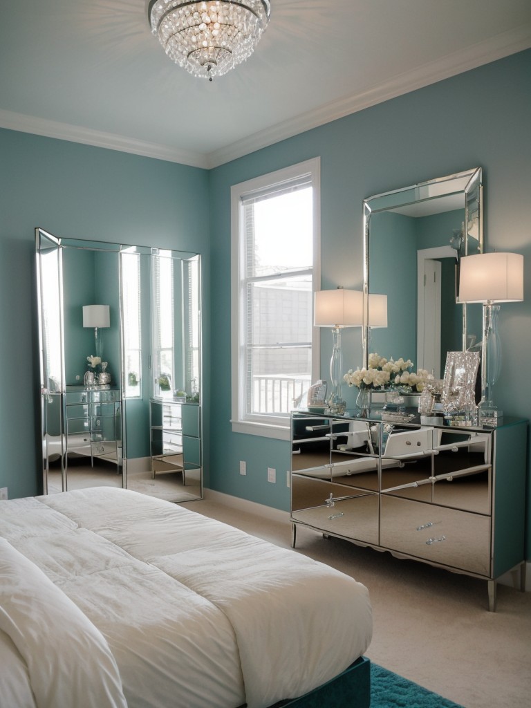 Teal Bedroom Glam: Mirror and Glass Furnishings for Elegant Style.