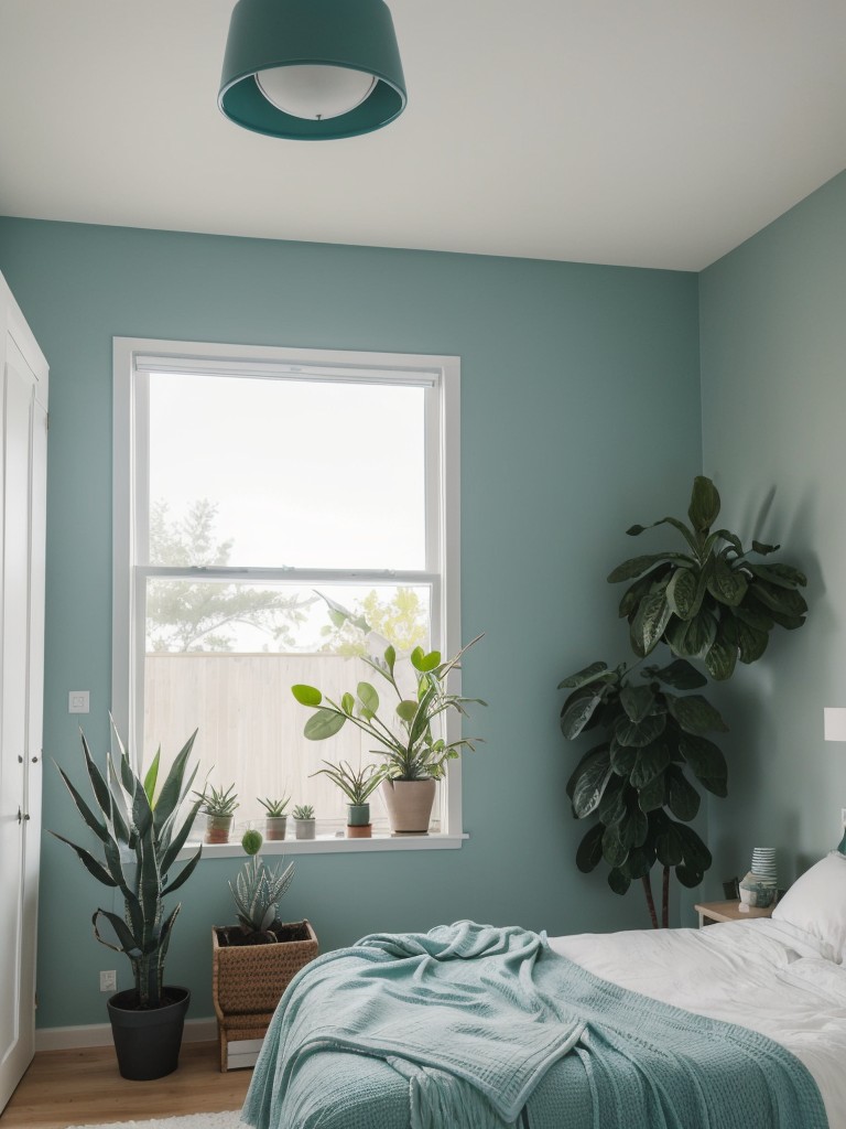 Minimalist Teal Bedroom with Greenery Accents