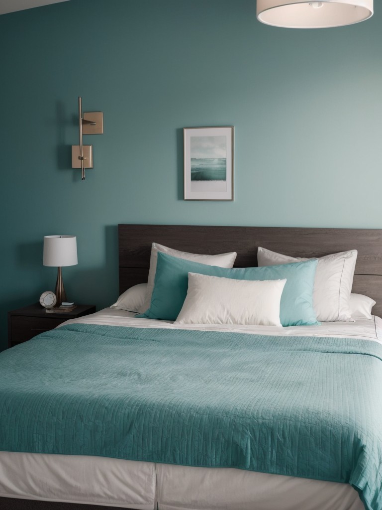 Modern teal bedroom decor with adjustable lighting for relaxation