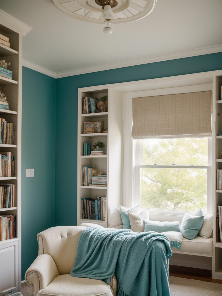 Cozy teal bedroom with reading nook and bookshelf