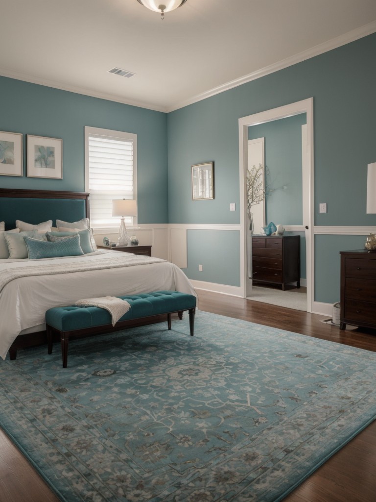 Chic Teal Bedroom: Luxury & Elegance with Plush Area Rug!