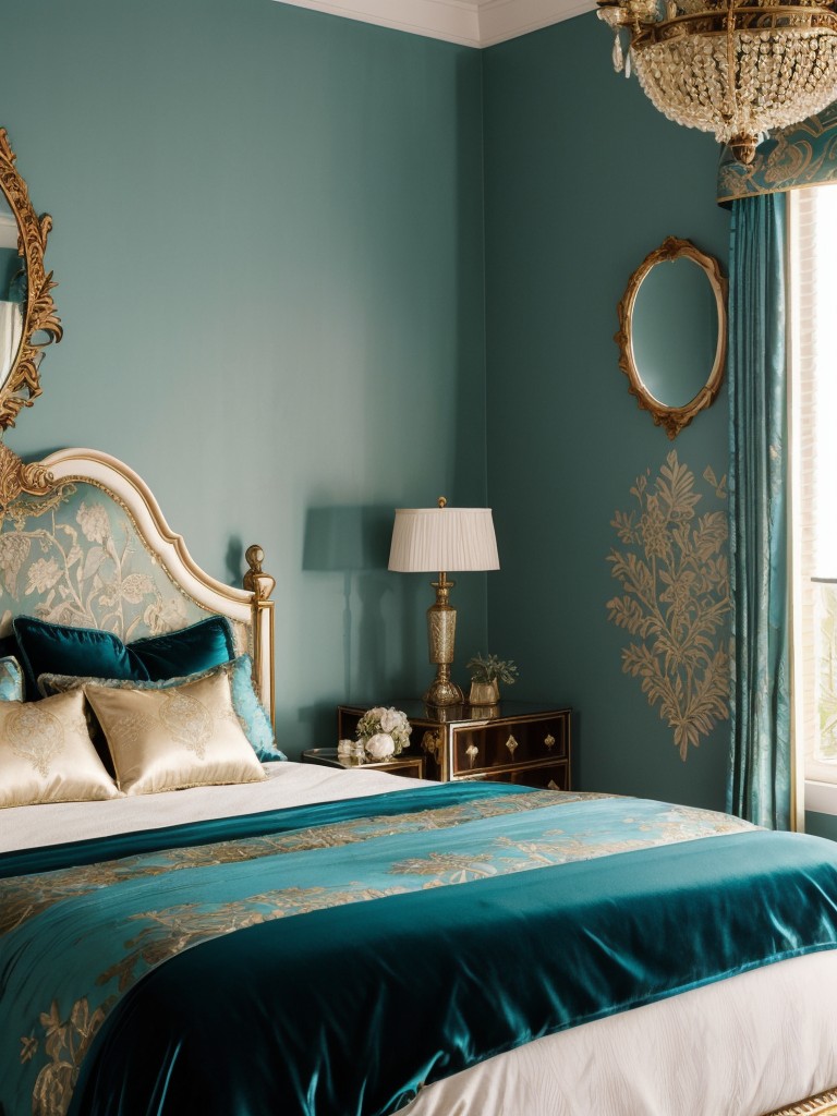 Tropical Teal Bedroom: Luxe Fabrics and Ornate Accents