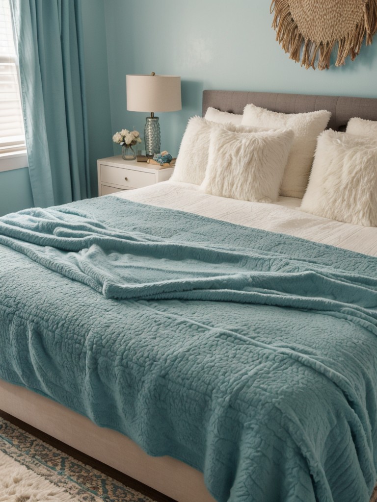 Cozy Teal Boho Bedroom: Plush Rugs & Knit Blankets