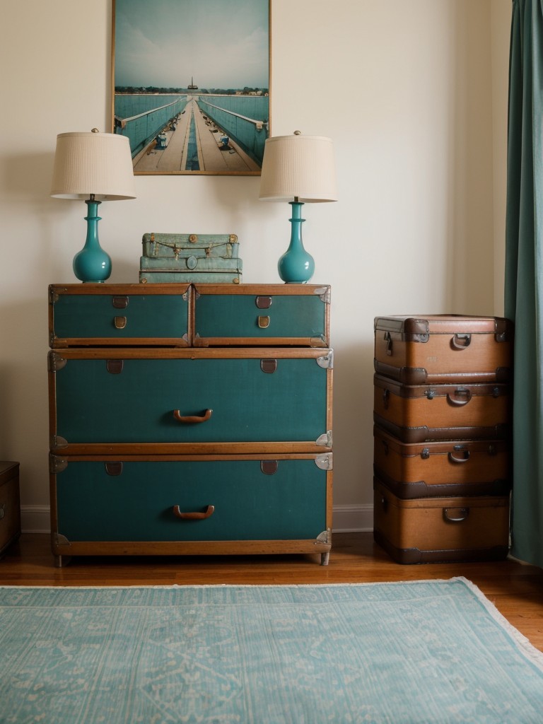 Charming Vintage Teal Bedroom: Stylish Storage with stacked suitcases.