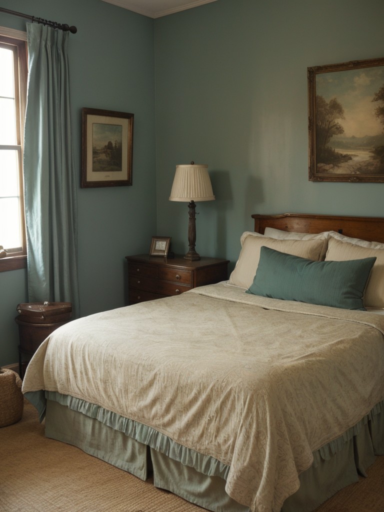 Charming Vintage Teal Bedroom: Timeless Decor with Art Gallery Vibes!