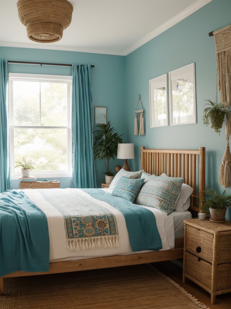 Boho Vibe Bedroom: Teal Decor, Macrame Hangings, & Natural Elements