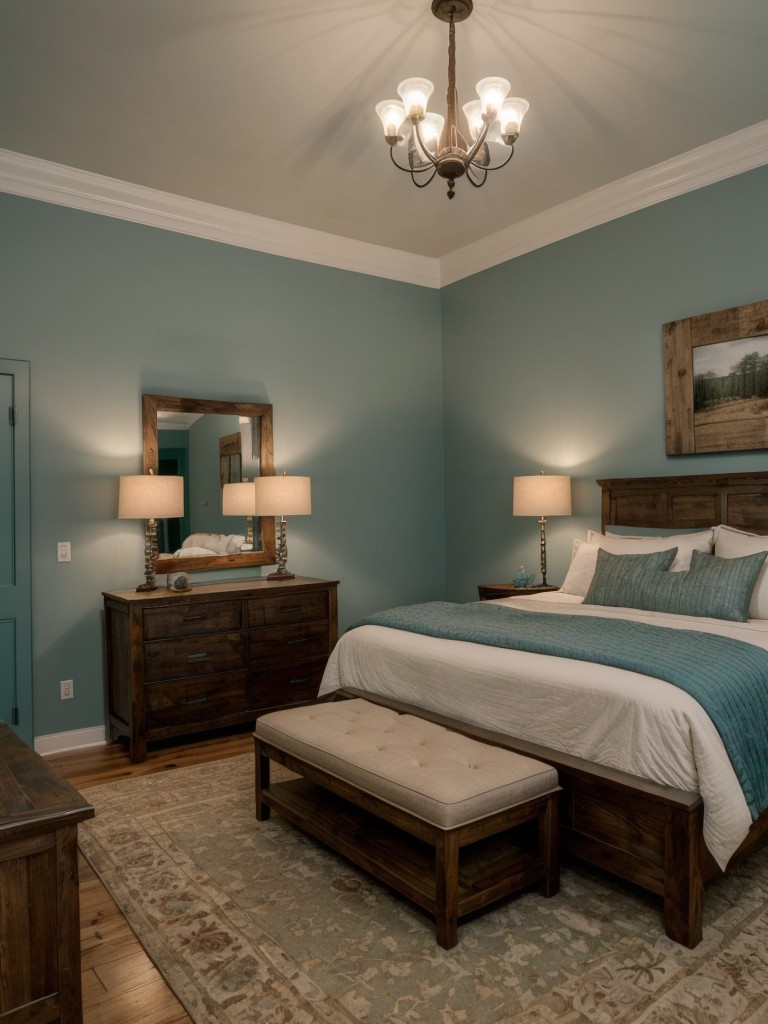 Luxurious Rustic Teal Bedroom: Elegance with Chandeliers & Glam Lamps!