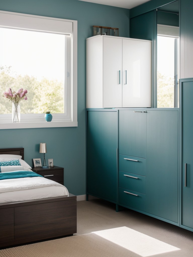 Modern Teal Bedroom: Stylishly organized for a tranquil space.