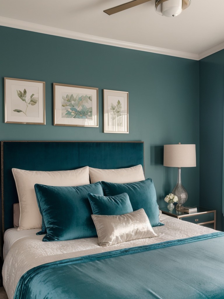 Serene Teal Bedroom: Luxe Velvet Headboard & Pillows