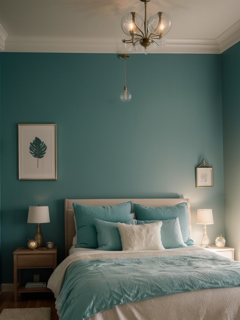 Cozy Teal Bedroom: Enhance Ambiance with Fairy Lights!