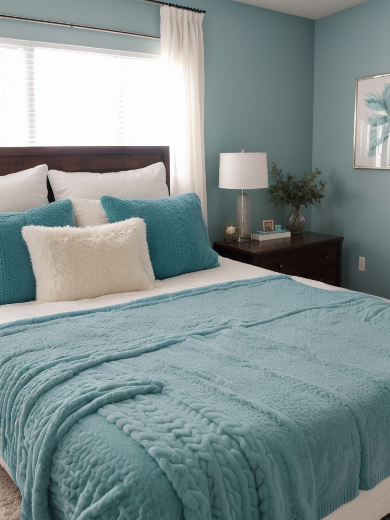 Cozy Teal Bedroom Retreat: Faux Fur Rugs & Knit Throws