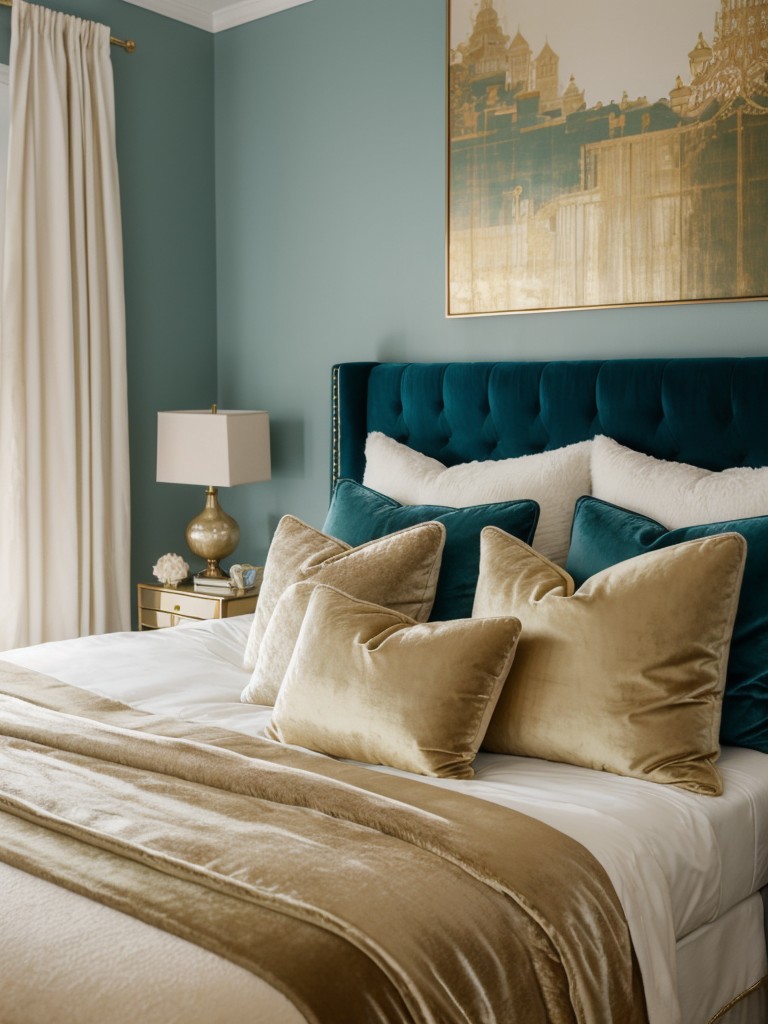 Luxurious Teal and Gold Apartment: Create a Cozy and Inviting Bedroom!