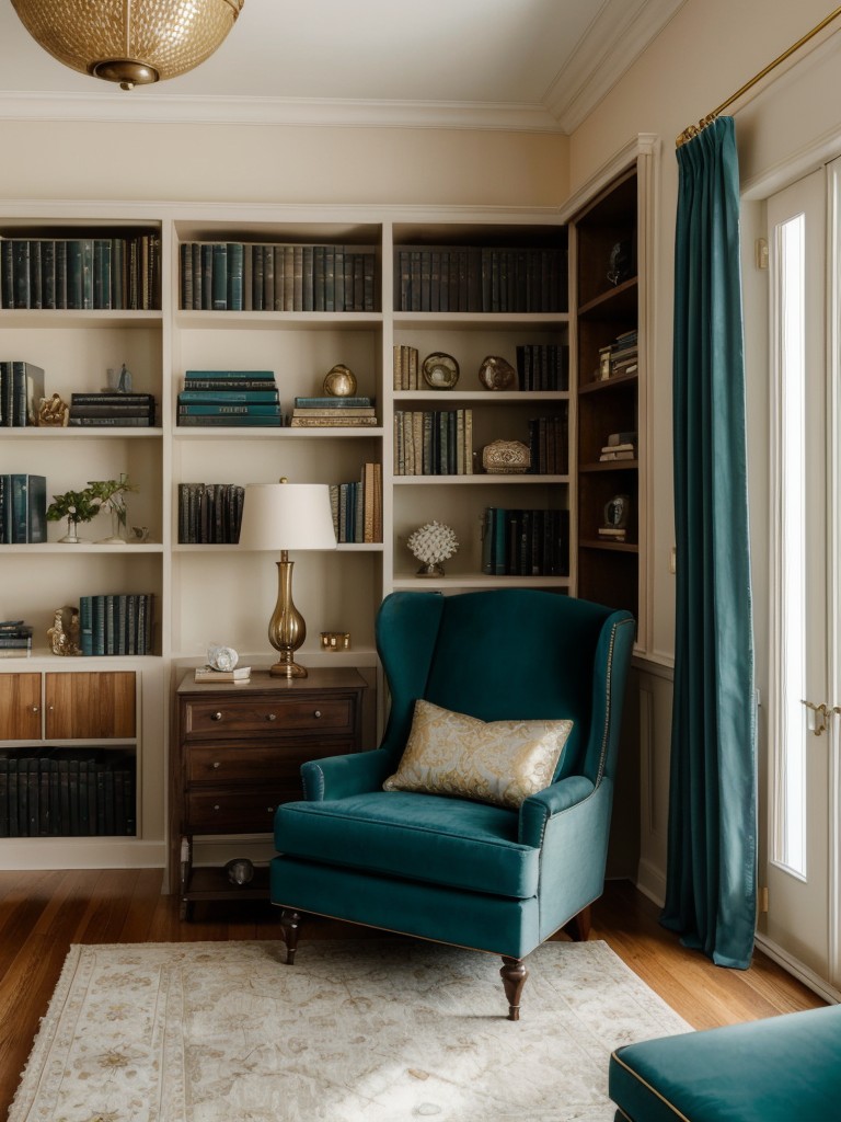 Cozy and Chic: Create a Luxurious Teal and Gold Bedroom with a Dreamy Reading Nook