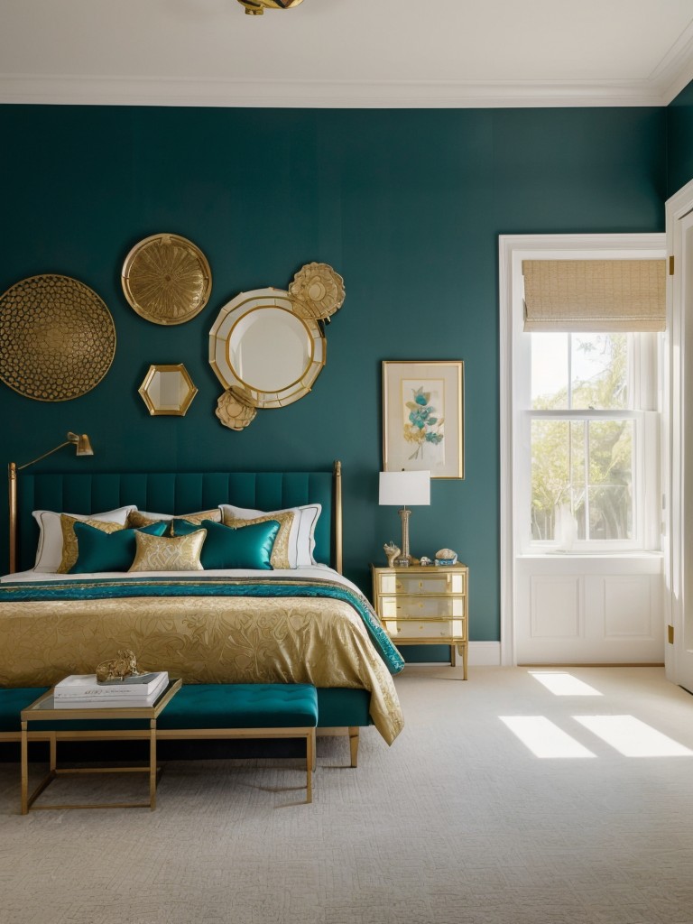 Teal & Gold: Luxe Bedroom Vibes. Elevate your apartment style with a stunning statement wall.