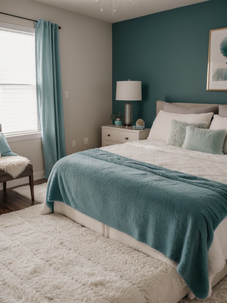 Cozy Teal Bedroom: Moody to Vibrant. Plush textures for a cozy and inviting atmosphere.