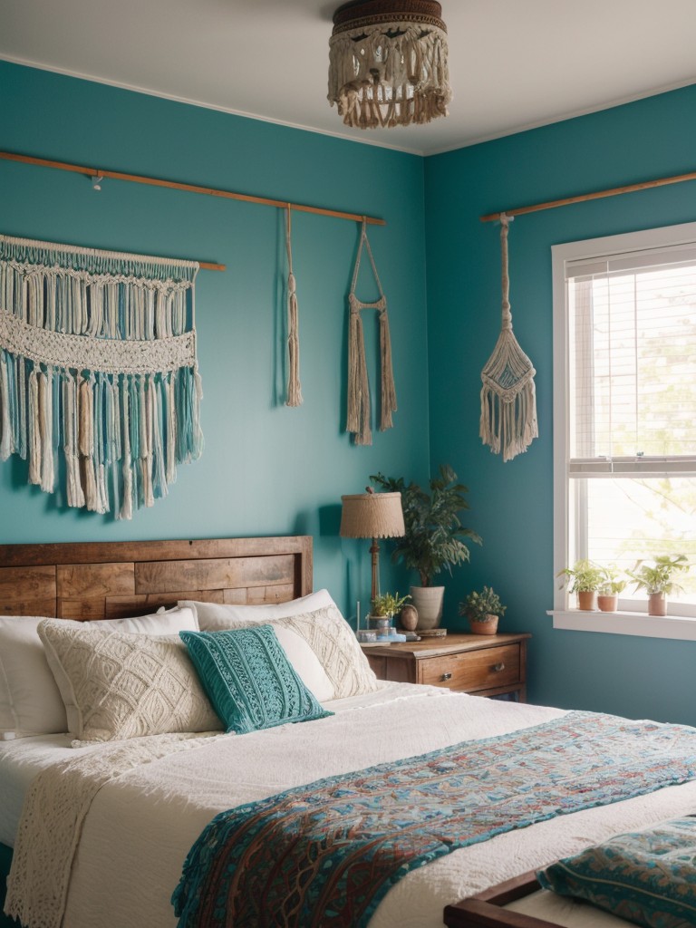 Boho Vibes for Your Teal Bedroom: Macrame, Colorful Textiles & Distressed Wood