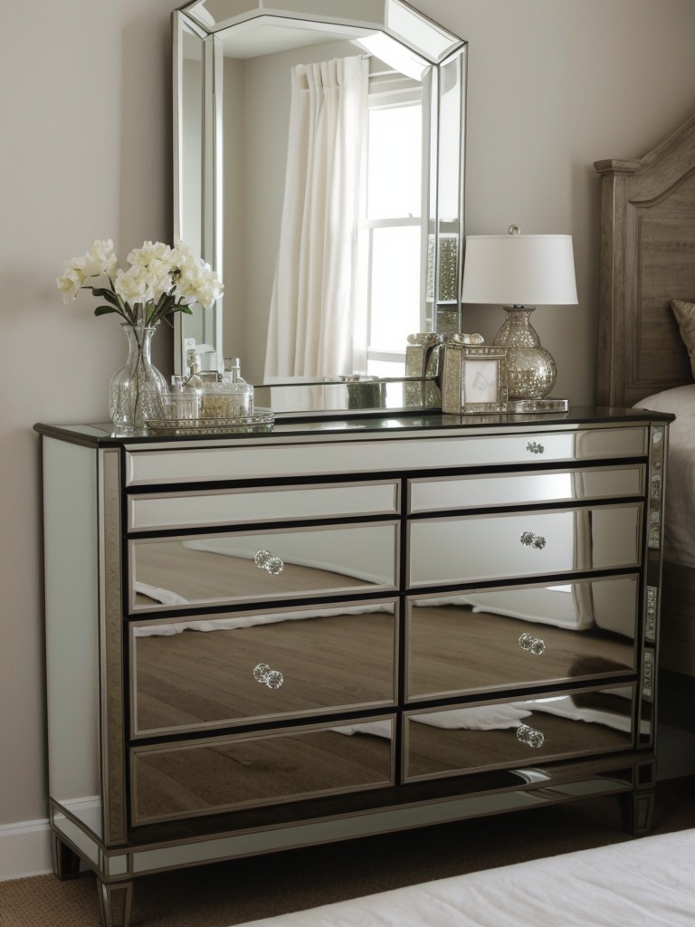 Glam up your bedroom with mirrored furniture for a tranquil oasis.