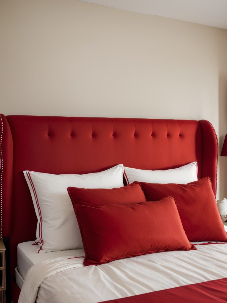 Charming Red Bedroom: Stylish Seating with a Tufted Bench