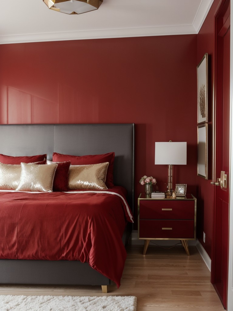 Add glamour with metallic accents to make a statement in your red bedroom decor!