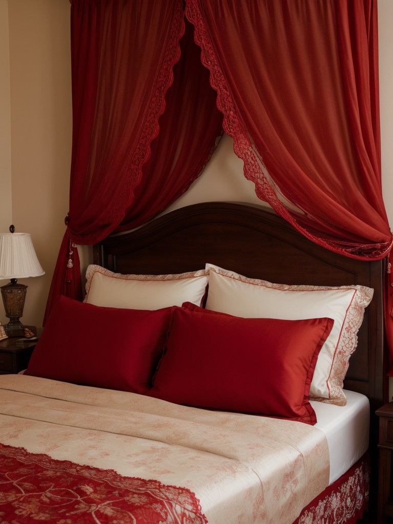 Cozy Red Bedroom Decor: Enhance Ambiance with Sheer Curtains & Luxurious Bedding