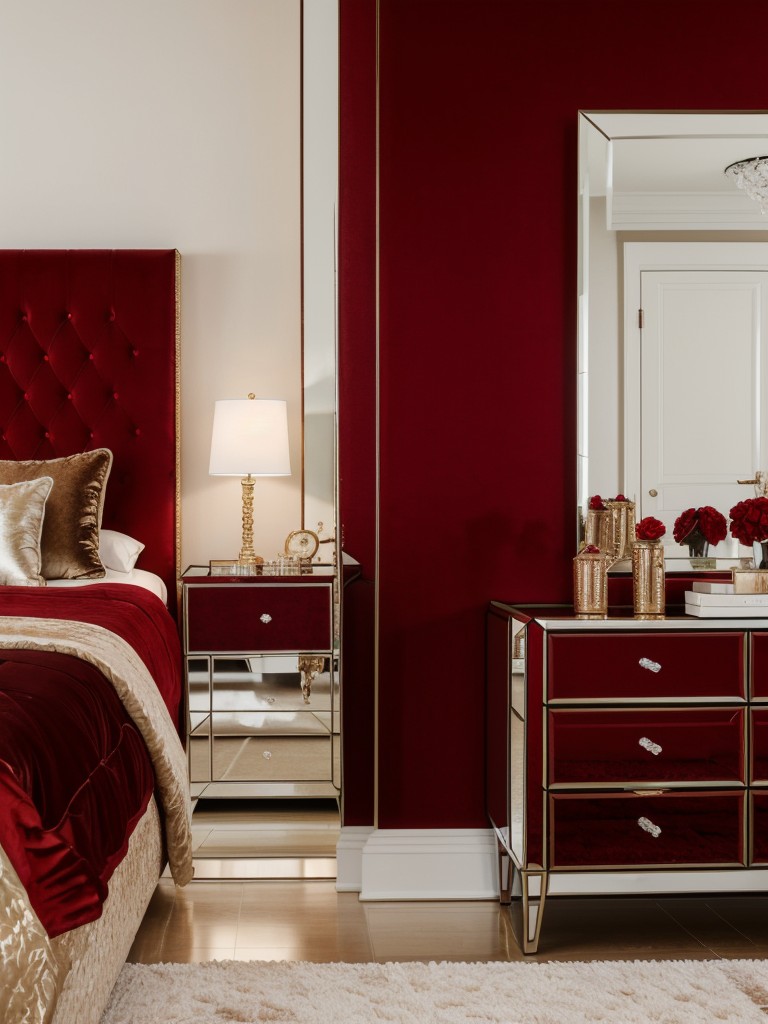 Glamorous Red Bedroom Decor: Mirror Furniture, Metallic Accents & Plush Velvet