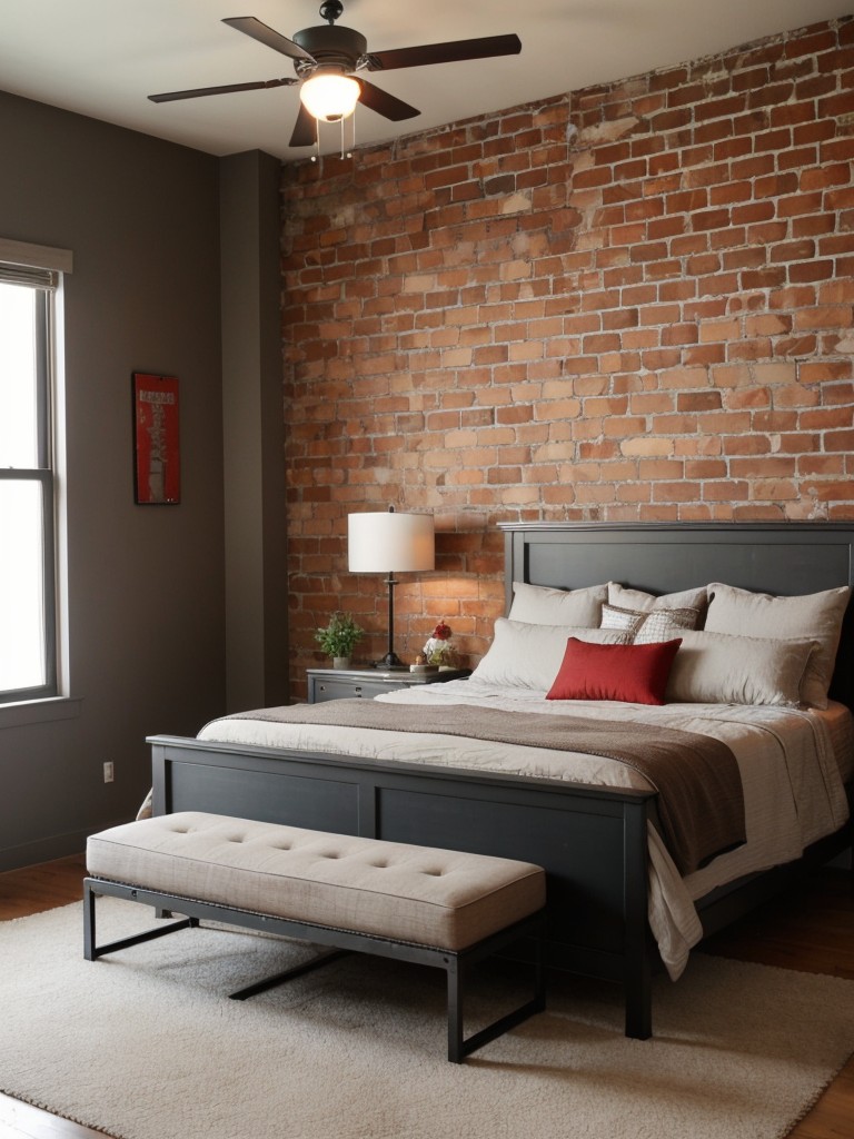 Industrial Chic: Bedroom Decor with Brick Walls and Metal Accents