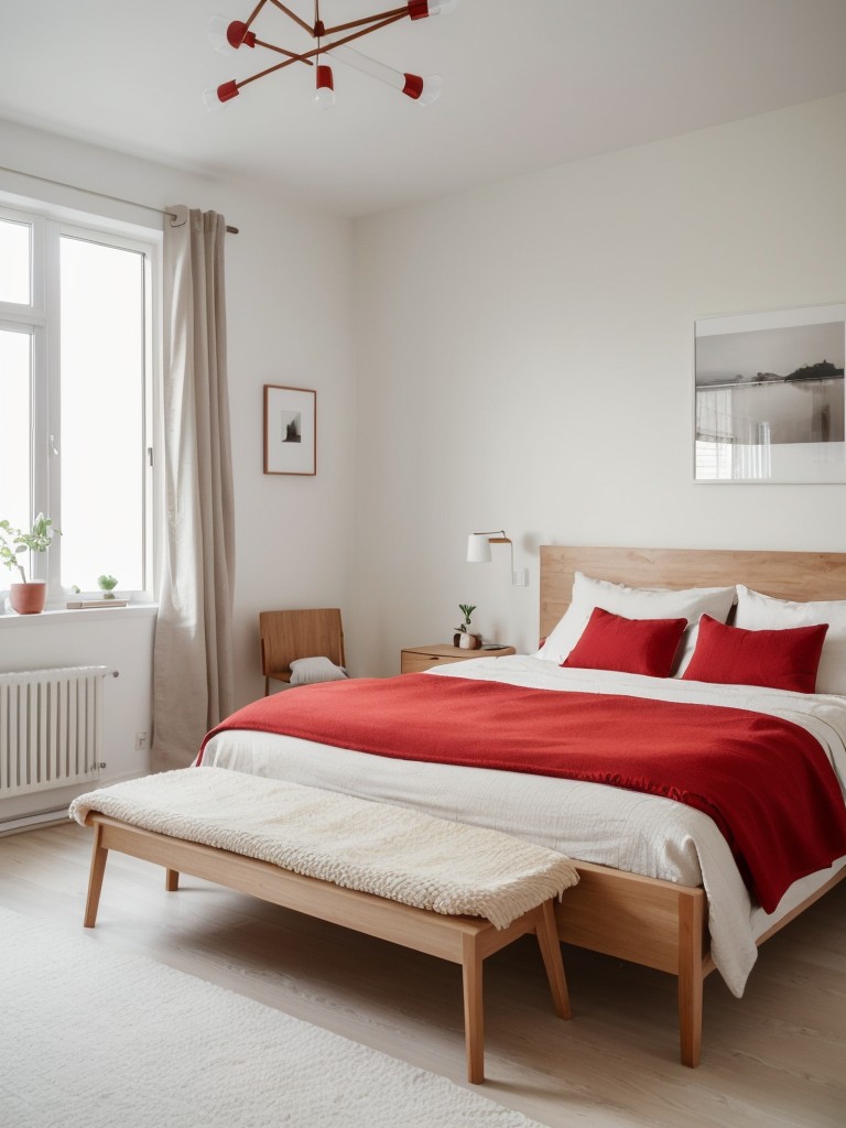 Scandinavian Serenity: Minimalist Apartment Bedroom with Vibrant Red Accents