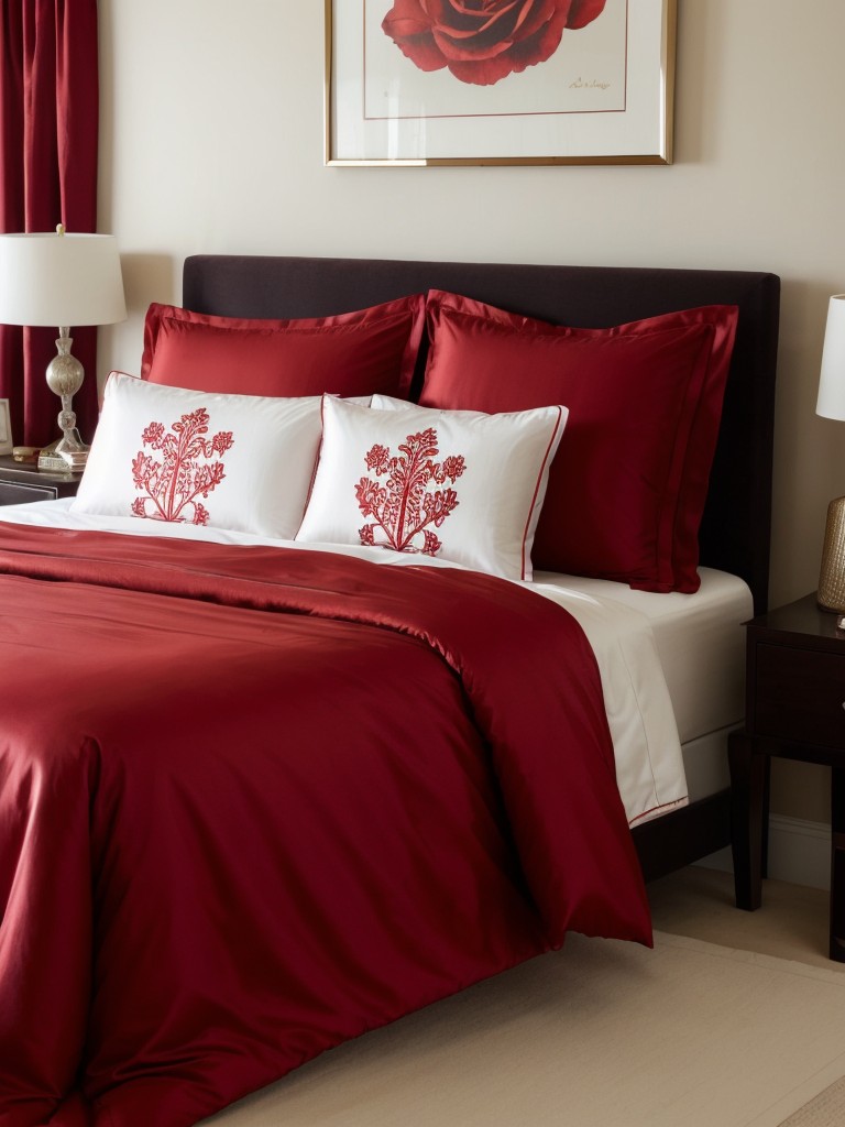 Red-Infused Bedroom: Luxury and Elegance with Satin and Silk Bedding.