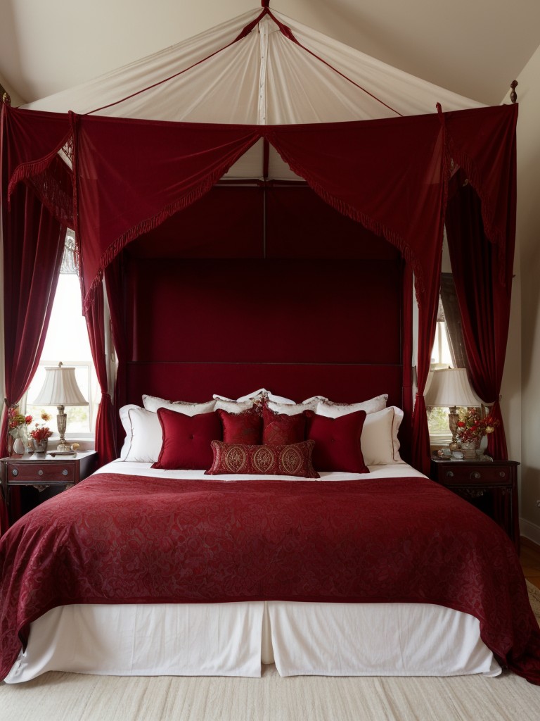 Luxury & Romance: Red Velvet Canopy Bed for Boho Home