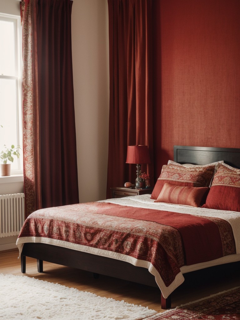 Red Haven: Boho Bedroom Decor with Dynamic Red Layers.