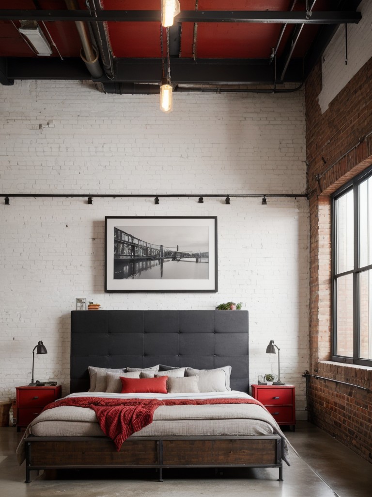 Urban Loft Bedroom: Embrace Industrial Charm & Coziness with Red Decor.